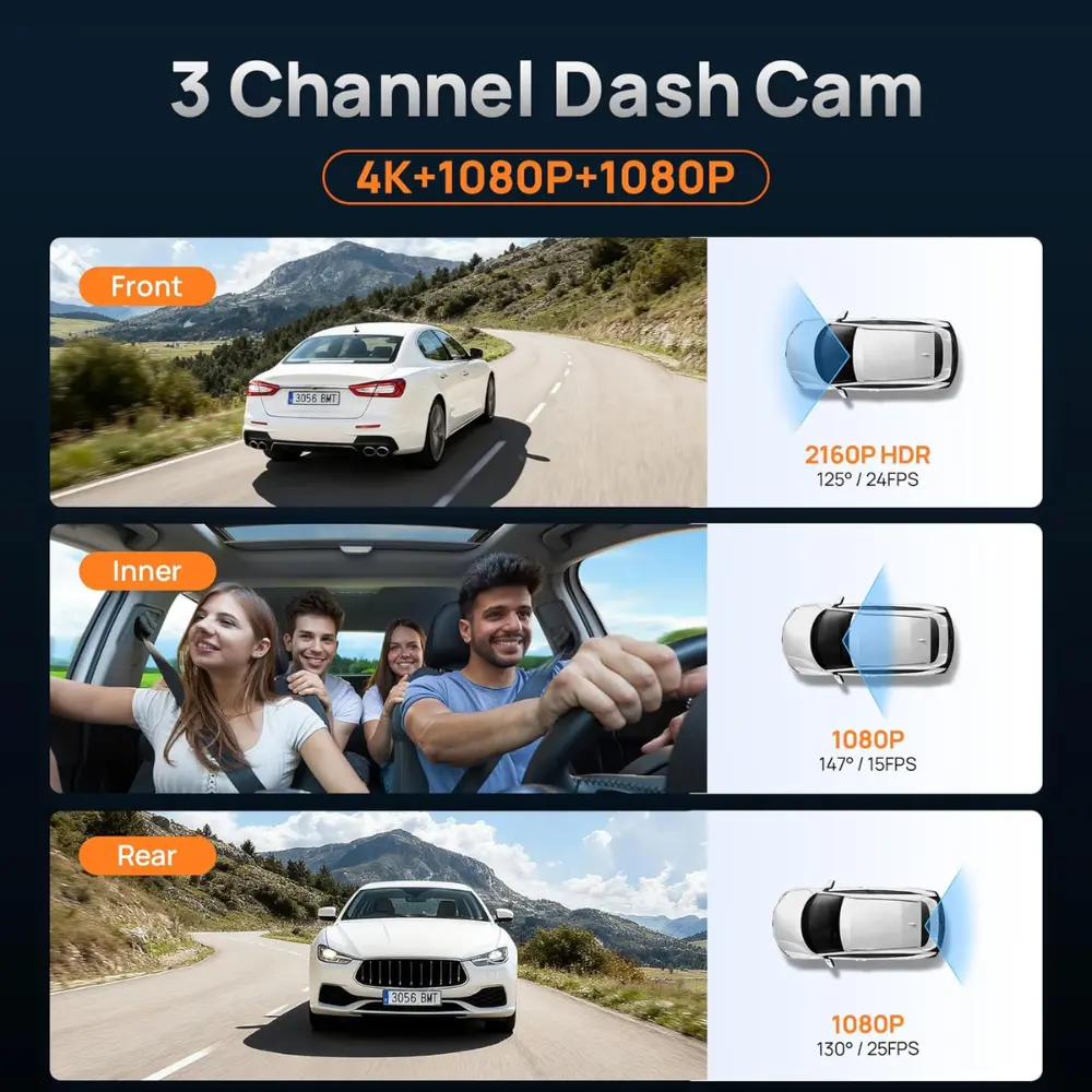  داش كام 70mai T800E كاميرا أمامية بدقة 4K + كاميرا داخلية وخلفية بدقة HD - أسود