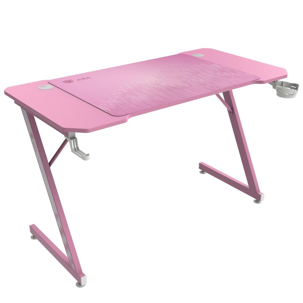 ASA Z shaped pink gaming desk with extended mouse pad and headphone hook