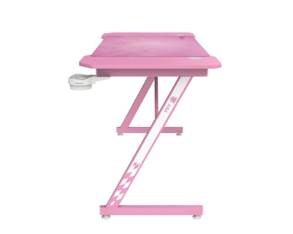 ASA Z shaped pink gaming desk with extended mouse pad and headphone hook