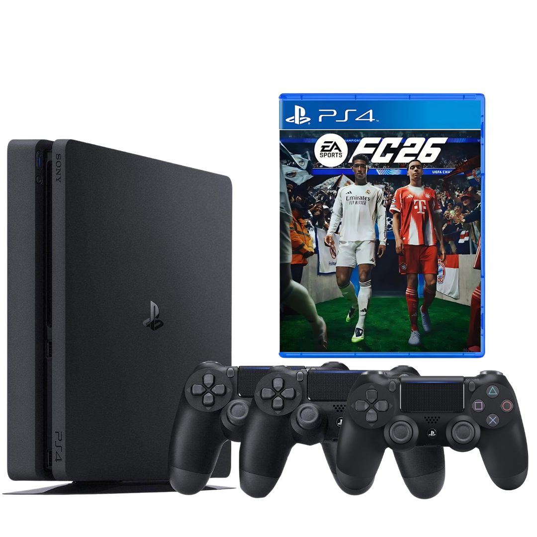 PlayStation 4 package with 3 controllers and FIFA 26 game