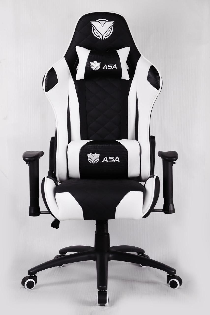 ASA Diamond gaming chair in white and black with ergonomic back and neck pillows