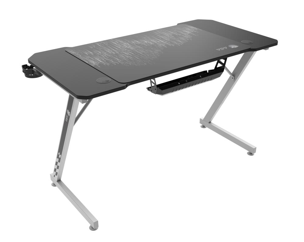ASA Z-Shaped Gaming Desk in Black and White with Extended Mouse Pad and Cup Holder