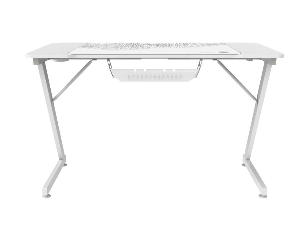 White ASA Z shaped gaming desk with extended mouse pad and cup holder
