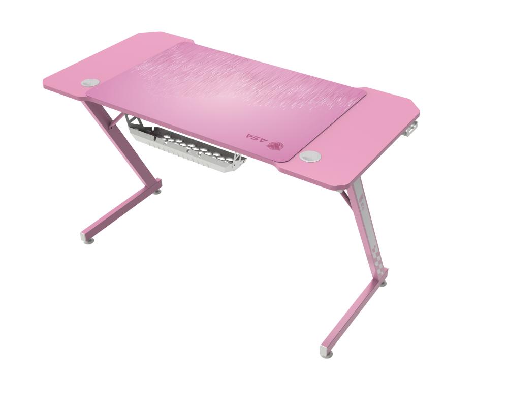 ASA Z shaped pink gaming desk with extended mouse pad and headphone hook
