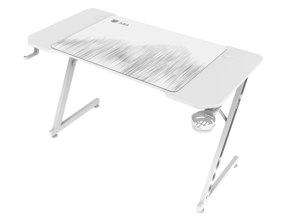 White ASA Z shaped gaming desk with extended mouse pad and cup holder