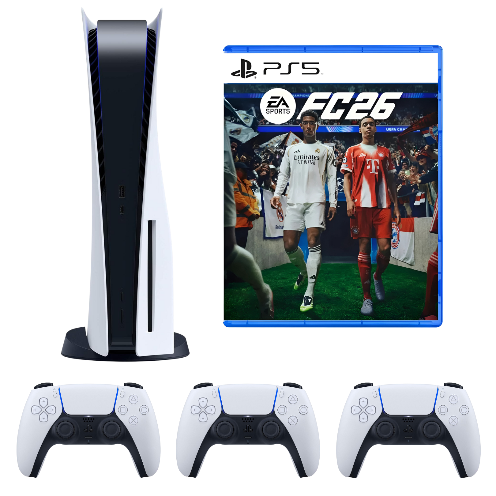 PlayStation 5 disc version with 3 controllers and FC 26 game