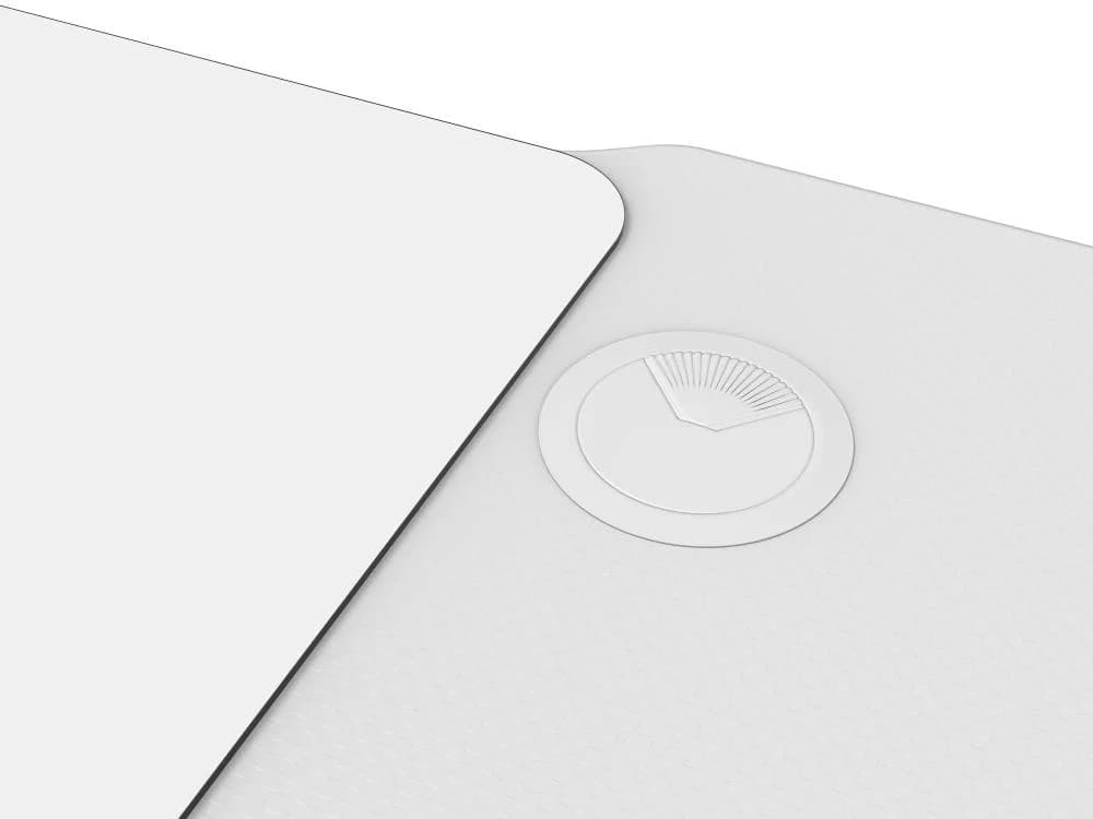 White ASA Z shaped gaming desk with extended mouse pad and cup holder