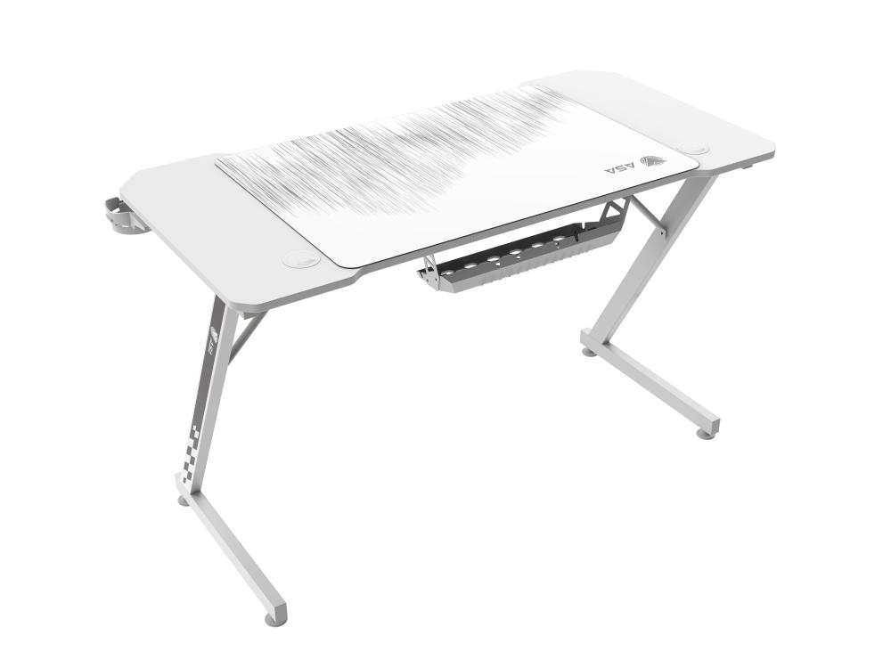 White ASA Z shaped gaming desk with extended mouse pad and cup holder
