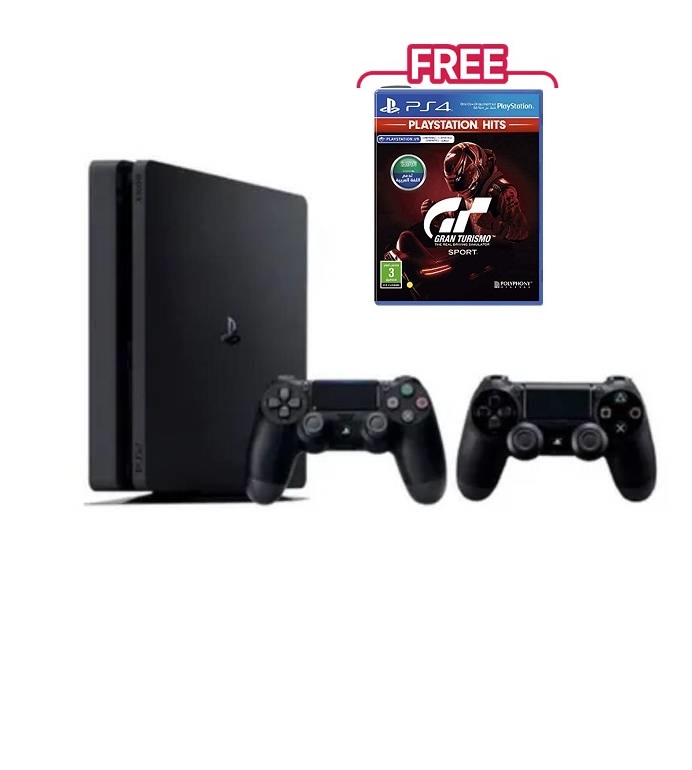 Used PlayStation 4 Slim 500GB with two DualShock controllers and GT strip gift included
