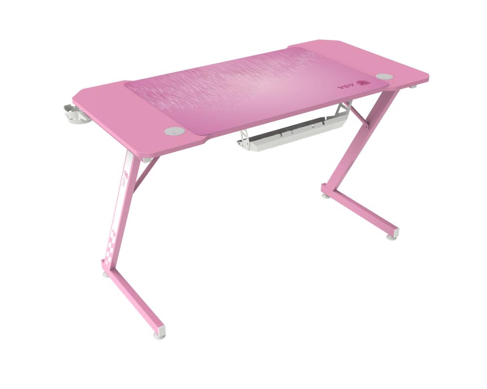 ASA Z shaped pink gaming desk with extended mouse pad and headphone hook