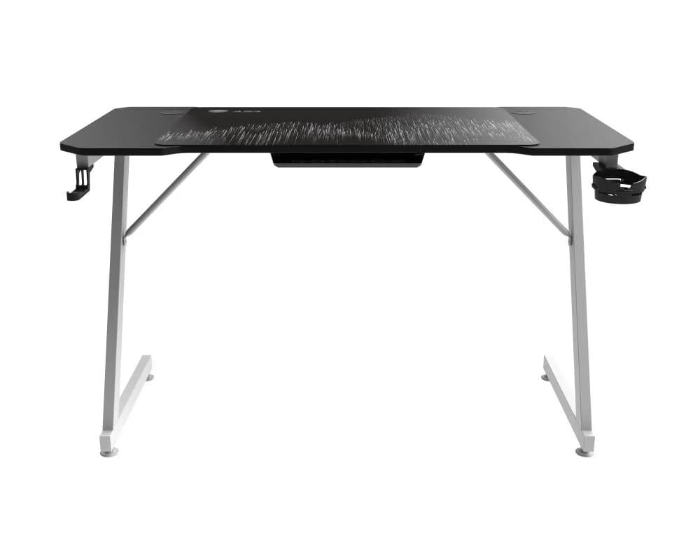 ASA Z-Shaped Gaming Desk in Black and White with Extended Mouse Pad and Cup Holder