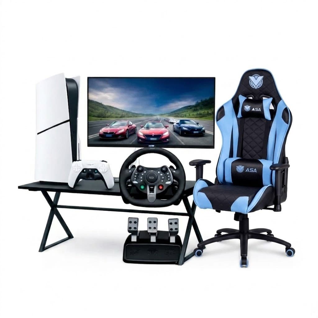 PS5 Slim Disc Gaming Setup Bundle with G29 Steering Wheel Monitor and ASA Desk Chair