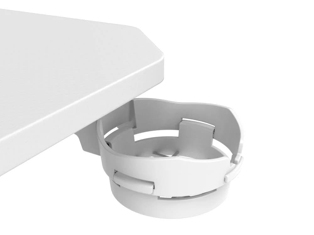 White ASA Z shaped gaming desk with extended mouse pad and cup holder