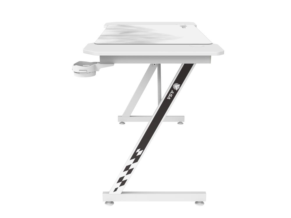 White ASA Z shaped gaming desk with extended mouse pad and cup holder