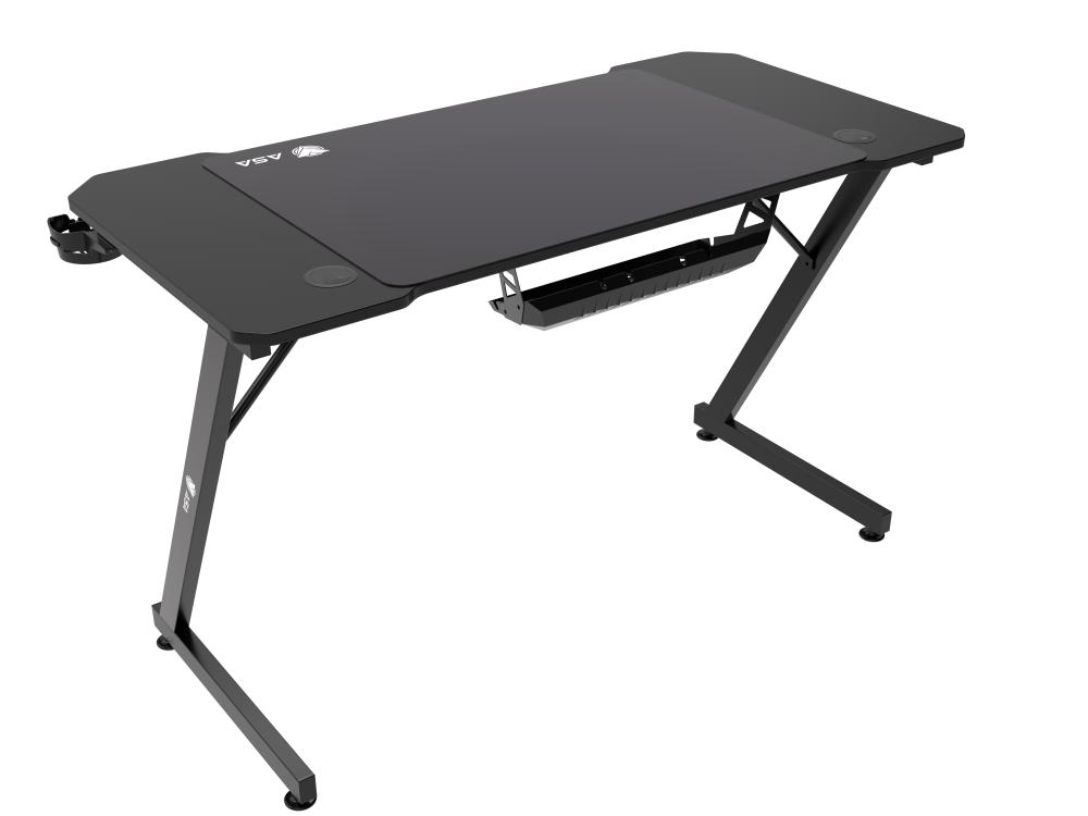 ASA Z-Shaped Gaming Desk in Black with Extended Mouse Pad and Headphone Hook