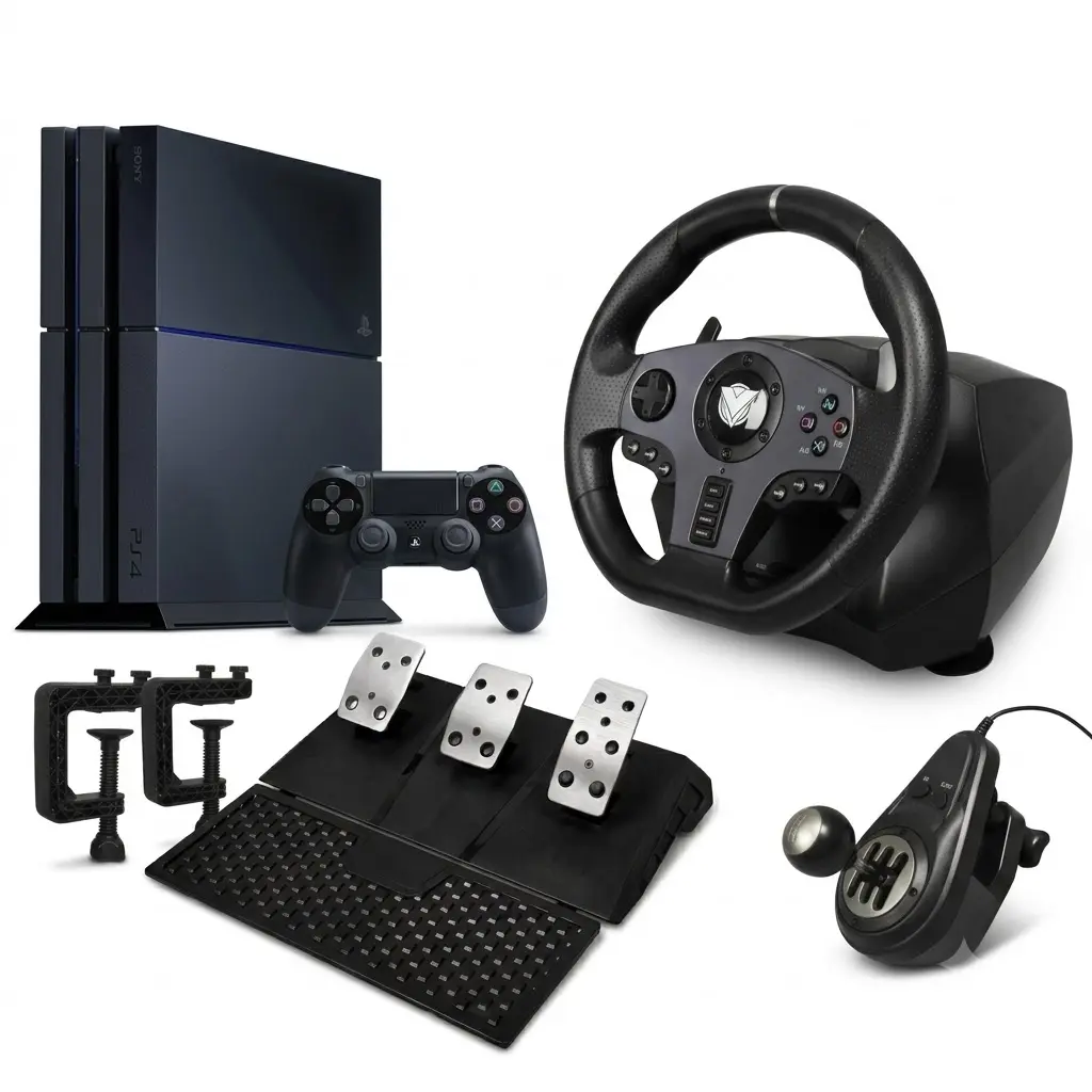 Renewed PlayStation 4 500GB bundle with ASA gaming steering wheel, shifter, and pedals