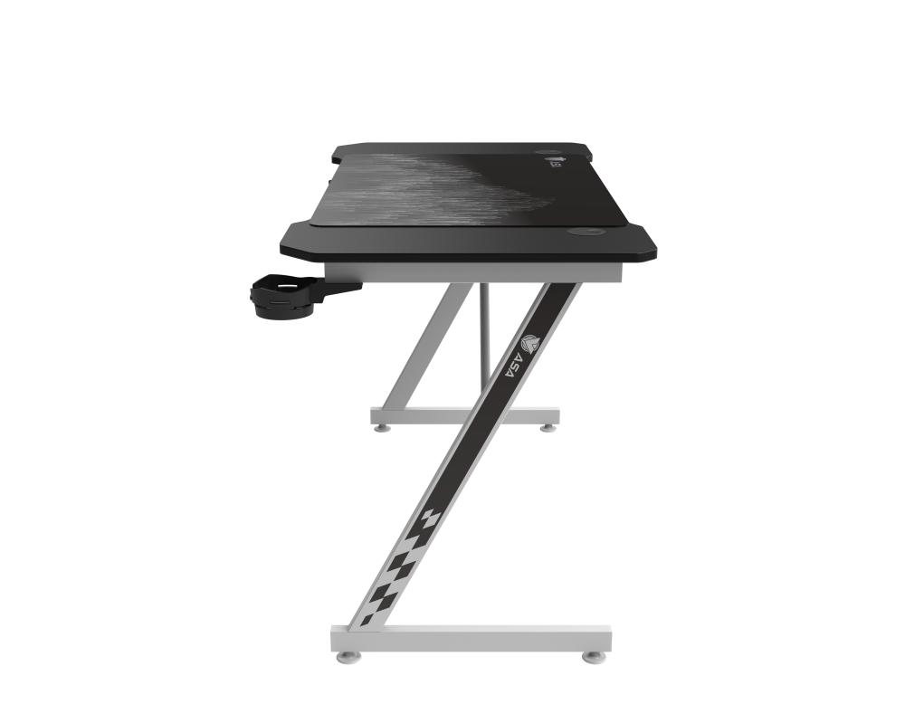 ASA Z-Shaped Gaming Desk in Black and White with Extended Mouse Pad and Cup Holder