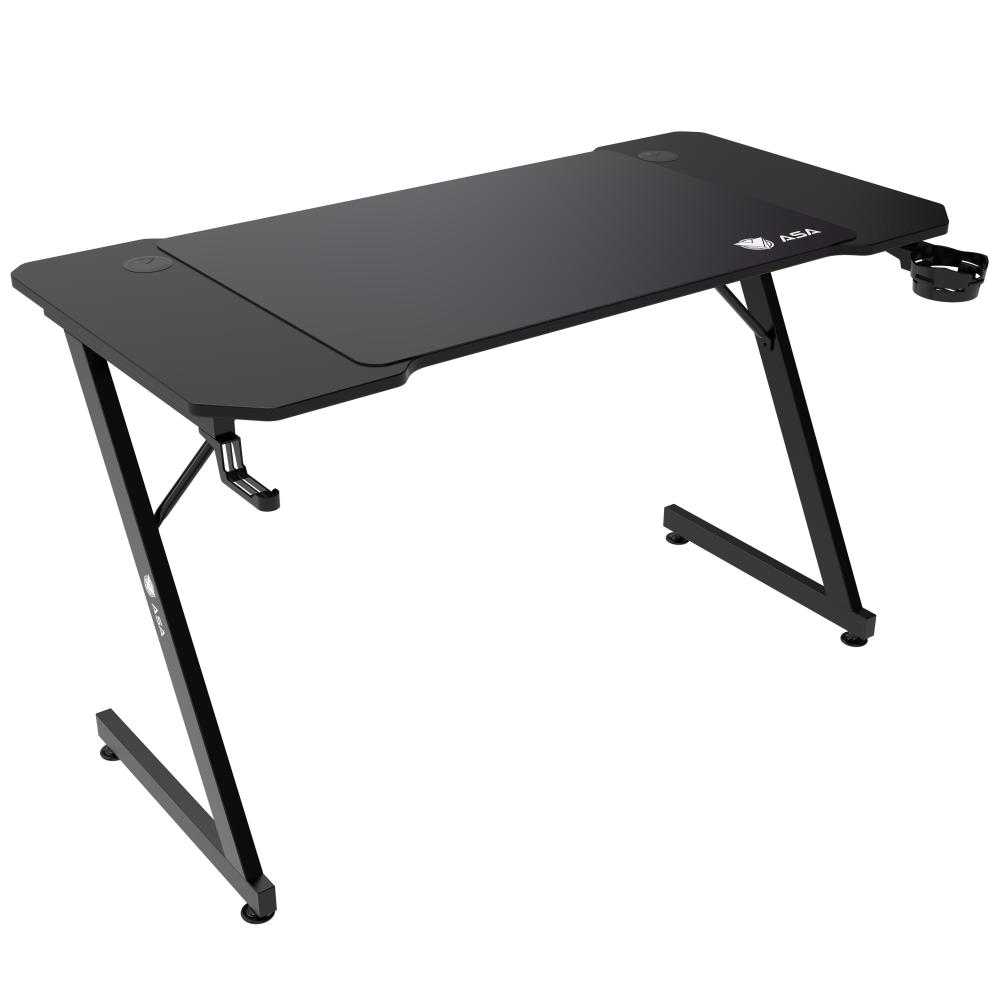 ASA Z-Shaped Gaming Desk in Black with Extended Mouse Pad and Headphone Hook