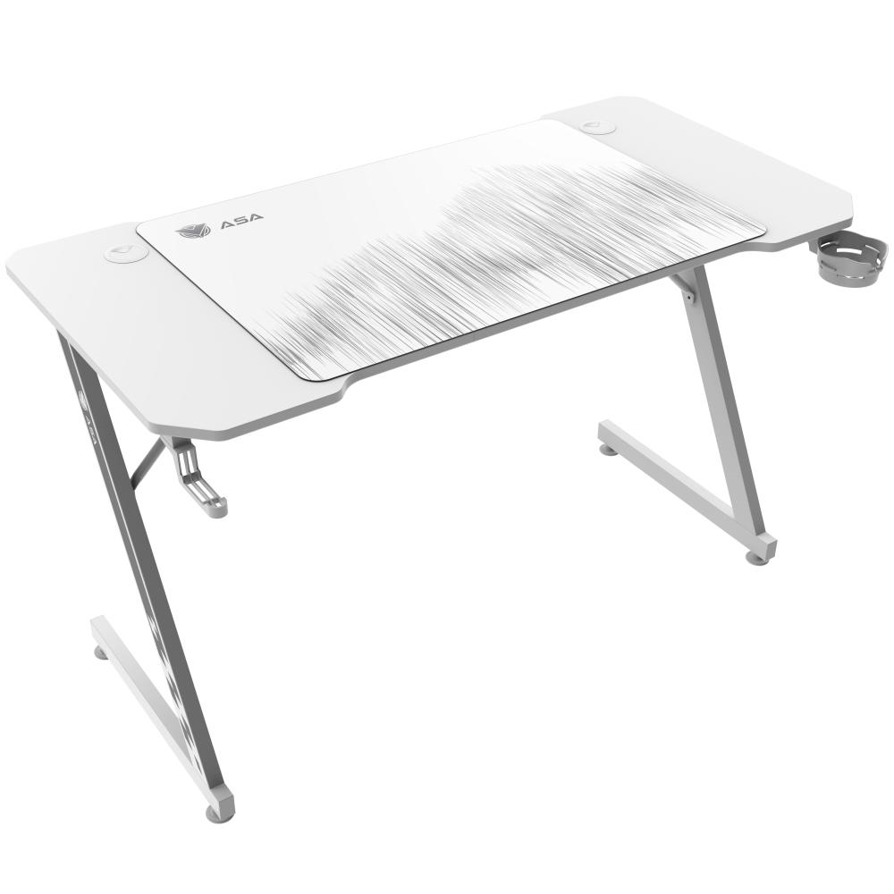 White ASA Z shaped gaming desk with extended mouse pad and cup holder