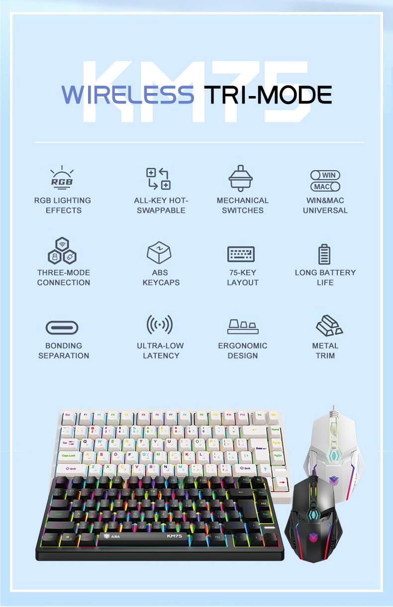 ASA KM75 Wireless Mechanical Gaming Keyboard and Mouse RGB Combo