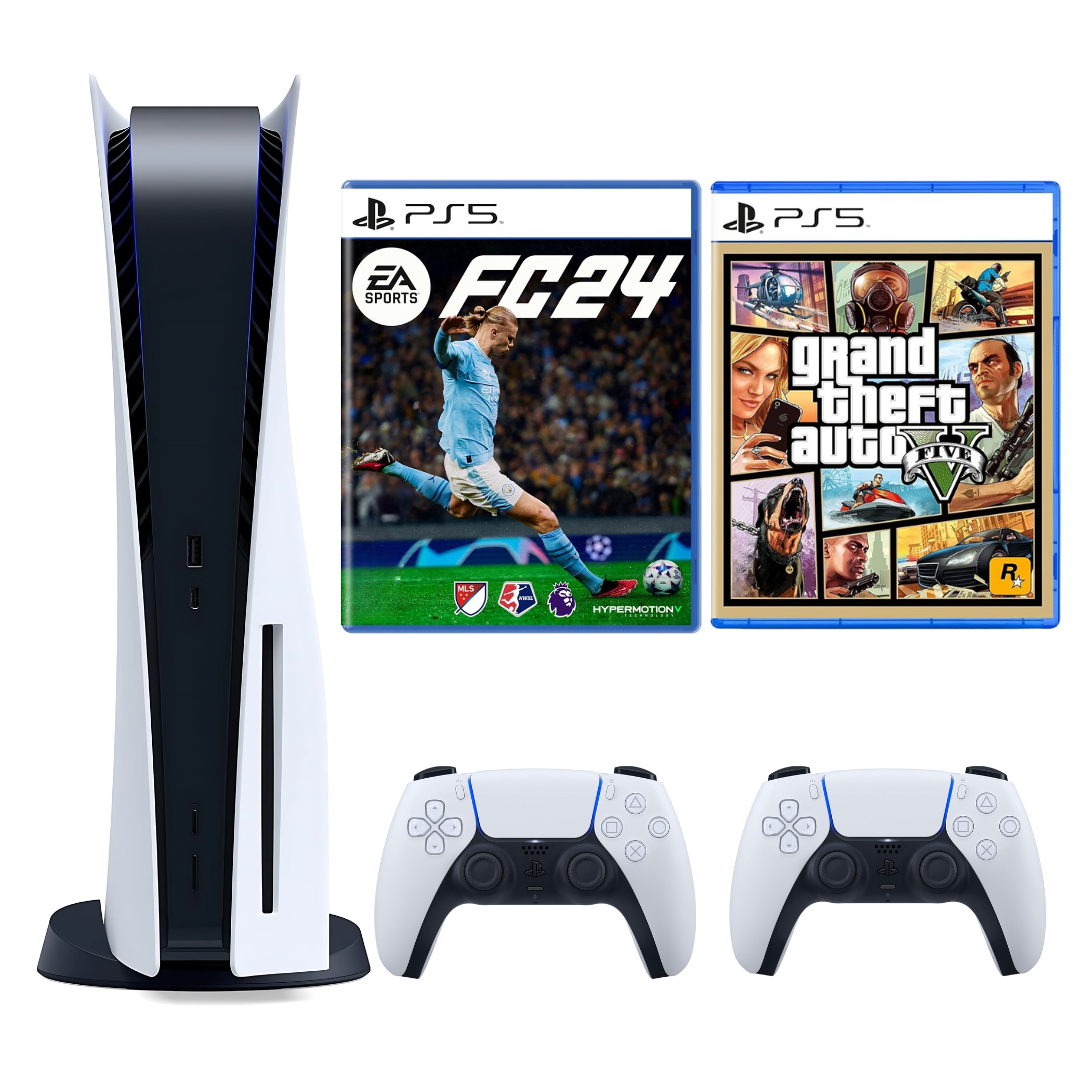 Refurbished PS5 Disc Edition bundle with two controllers FIFA 24 and GTA V one year warranty