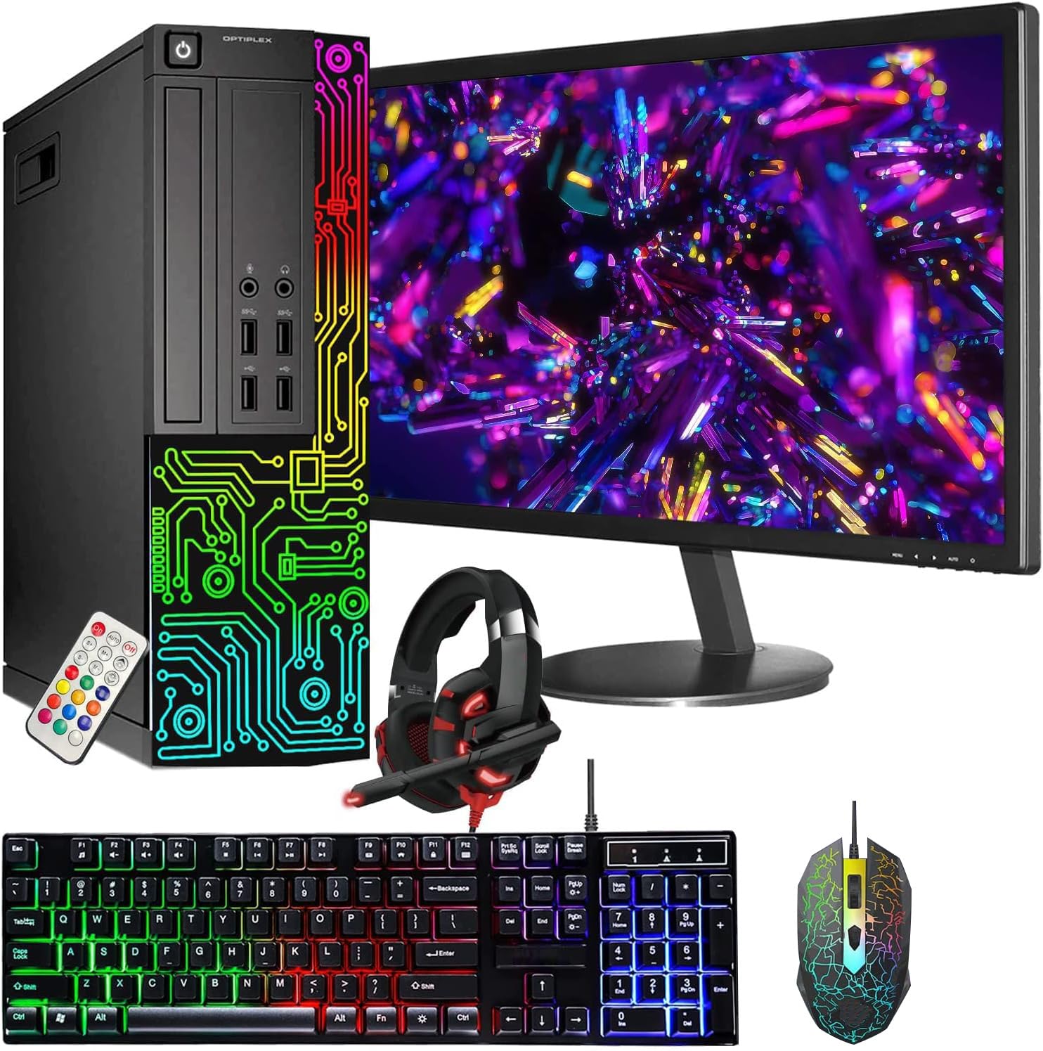كمبيوتر مكتبي ديل OptiPlex RGB مجدد بمعالج Intel Core i7 وذاكرة 16 جيجابايت SSD 512 جيجابايت مع شاشة 24 بوصة وإكسسوارات RGB
