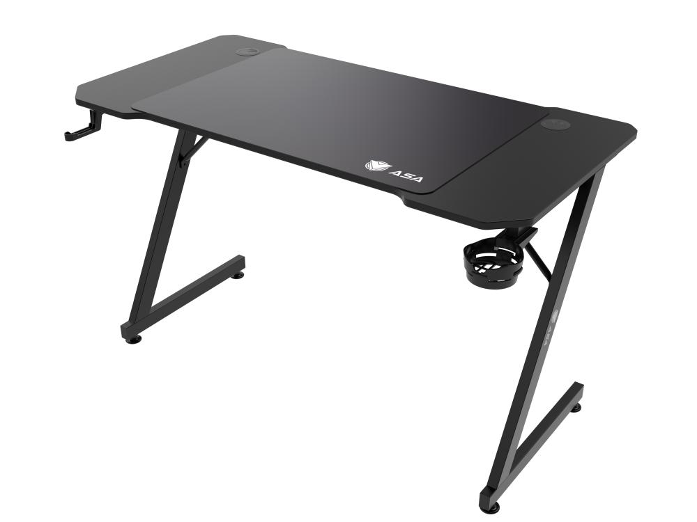 ASA Z-Shaped Gaming Desk in Black with Extended Mouse Pad and Headphone Hook