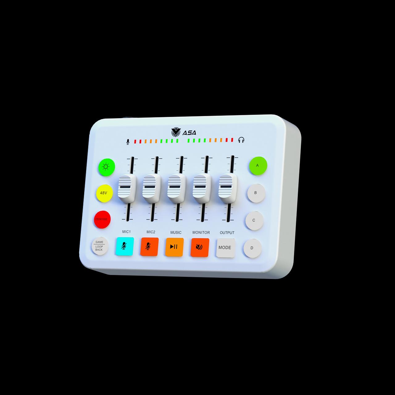 ASA A99 Professional Audio Mixer with 48V Phantom Power and advanced audio controls for streaming, podcasting, and recording.