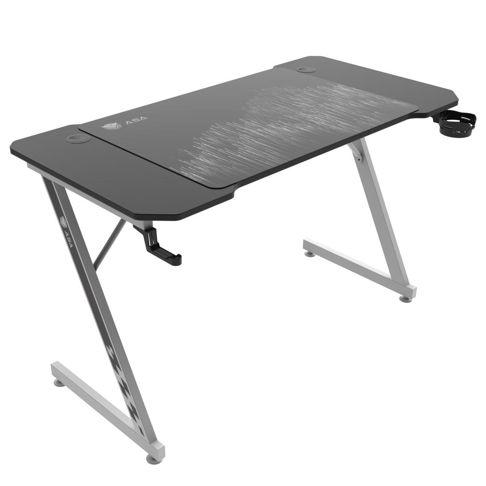 ASA Z-Shaped Gaming Desk in Black and White with Extended Mouse Pad and Cup Holder