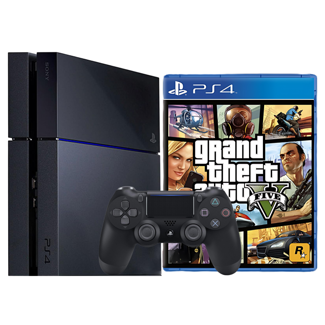 Refurbished Sony PlayStation 4 500GB console with DualShock 4 controller and GTA 5 game bundle