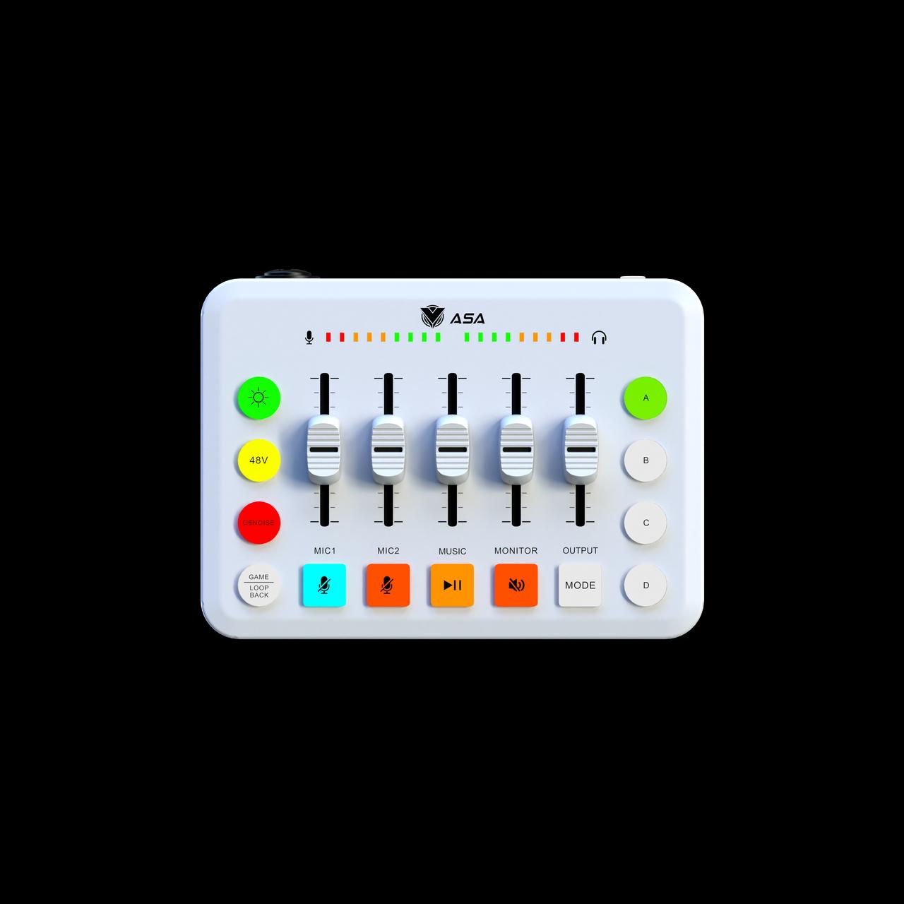 ASA A99 Professional Audio Mixer with 48V Phantom Power and advanced audio controls for streaming, podcasting, and recording.
