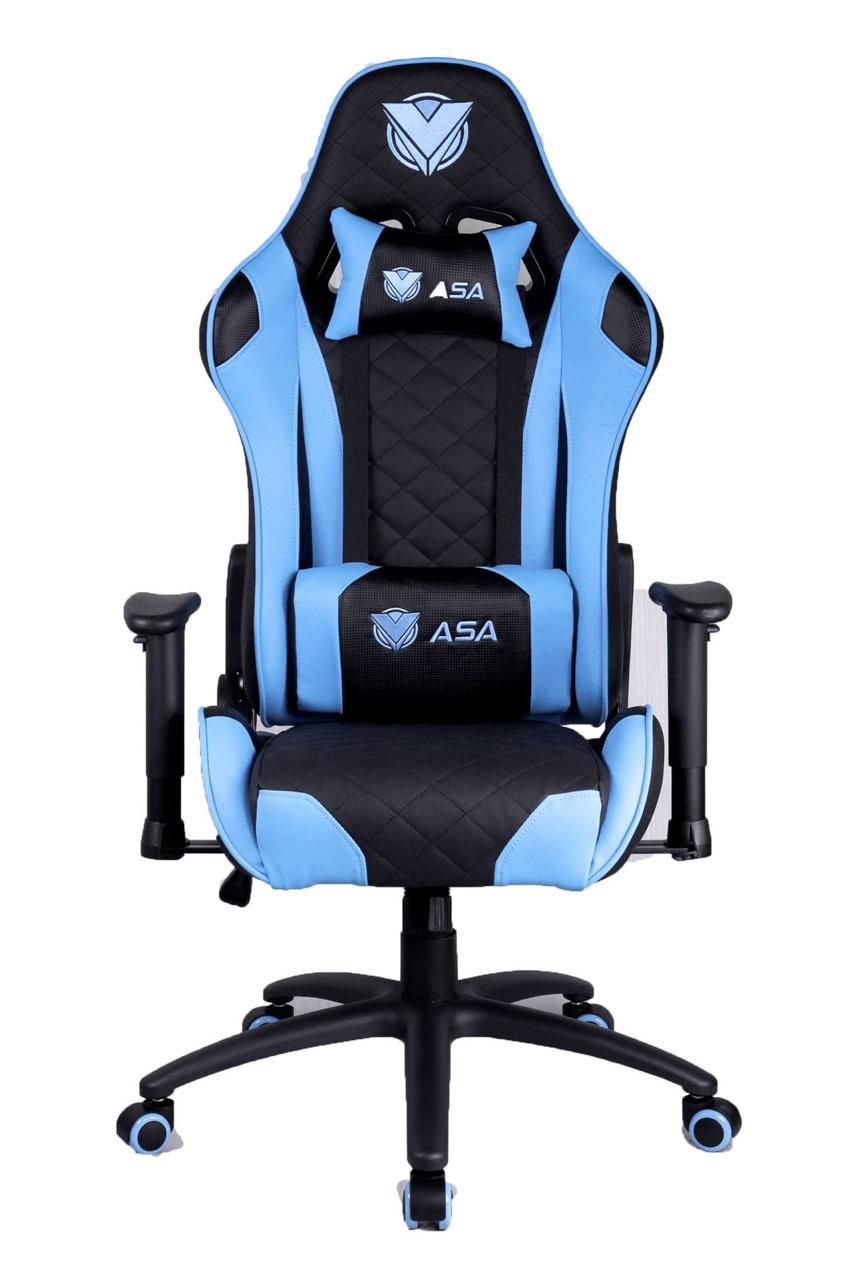 ASA Diamond gaming chair in blue and black with lumbar and neck cushions