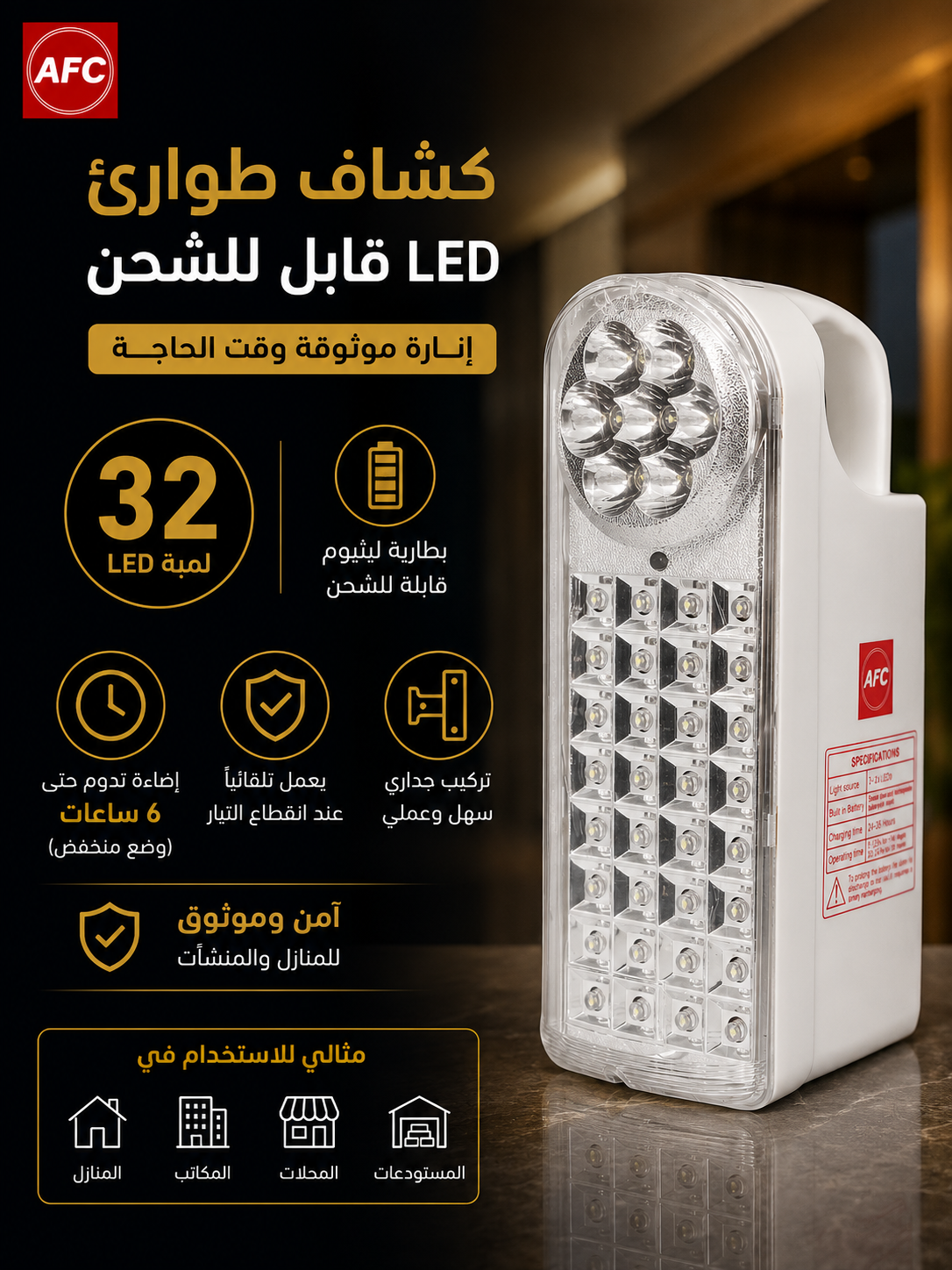  كشاف طوارئ AFC LED قابل للشحن 32 لمبة أبيض 