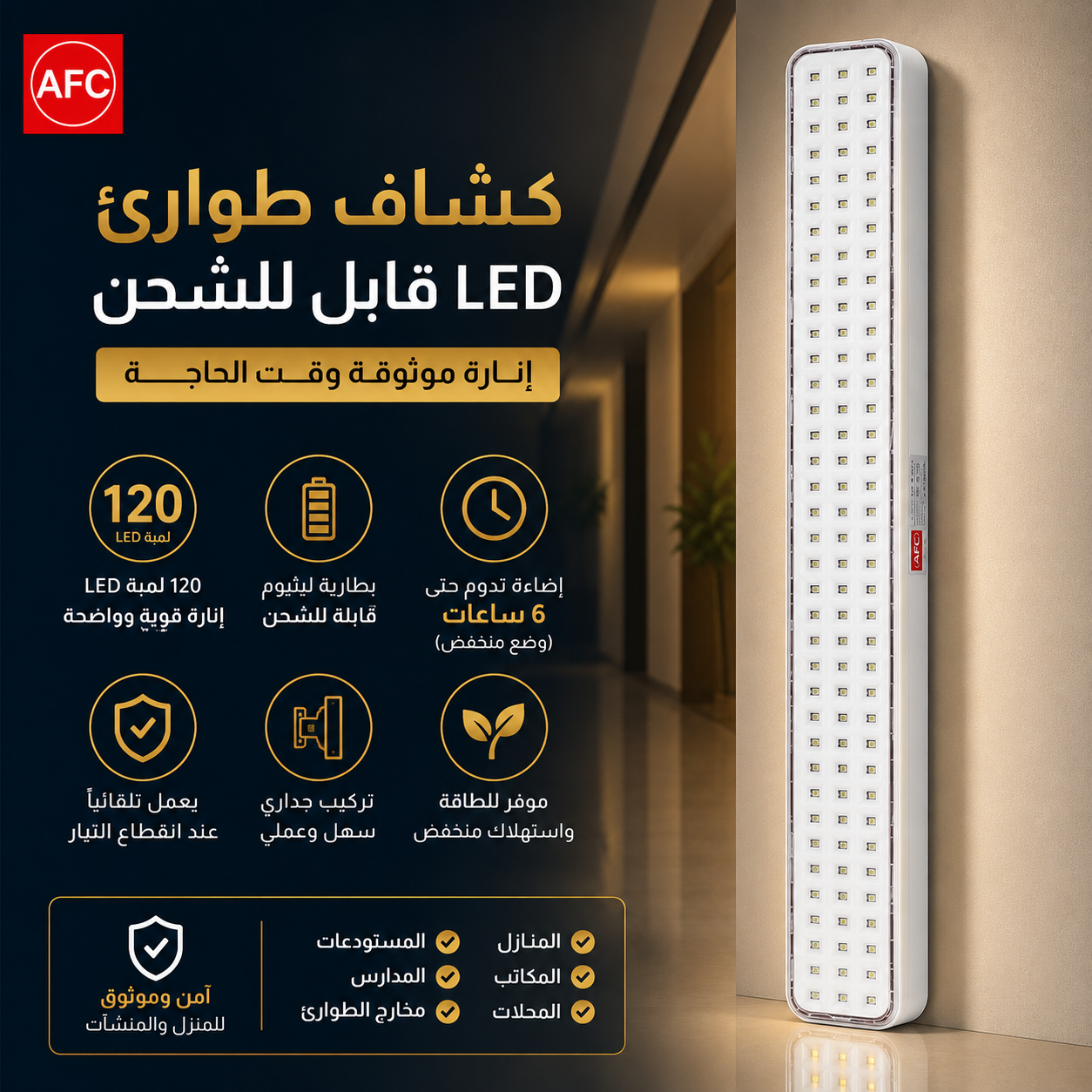  كشاف طوارئ AFC LED قابل للشحن 120 لمبة جداري أبيض 