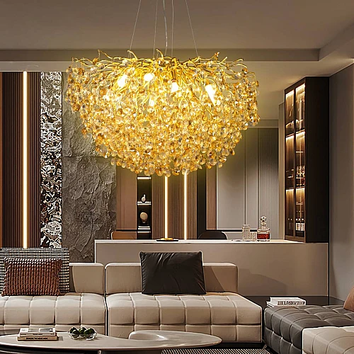  نجفة مودرن لون الشكل ذهبي شفاف عسلي قطر 80 سم إضاءة سقف مودرن فاخرة وراقية وتصميم مميز وفريد. 
