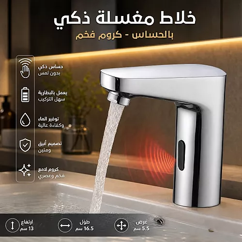  خلاط مغسلة ذكي نحاس يعمل بالحساس سنسنر بالطارية كروم 