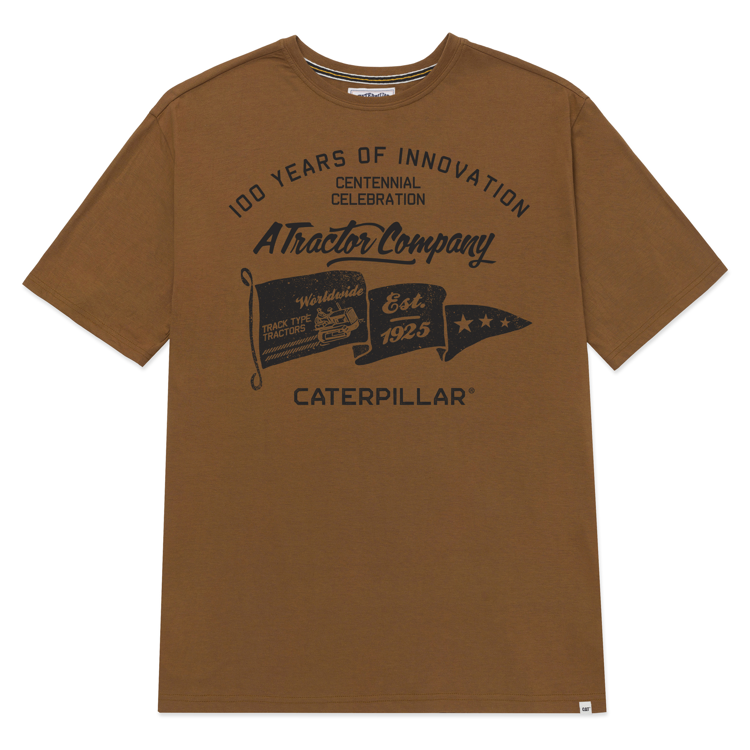 تيشيرت كاتربيلر رجالي بأكمام قصيرة ورسومات متحركة بمناسبة الذكرى المئوية لـ 100 عام، باللون البنى