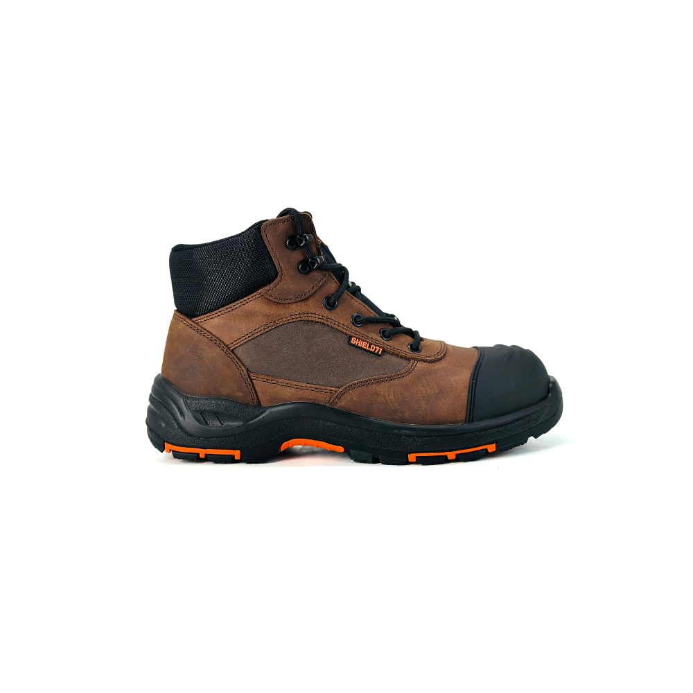 Shield71 Turbo Men’s Safety Shoes S3 | Hi-Cut Brown Work Shoes with Steel Toe Cap, Slip-Resistant, Water-Resistant, HRO & Steel Anti-Penetration Midsole