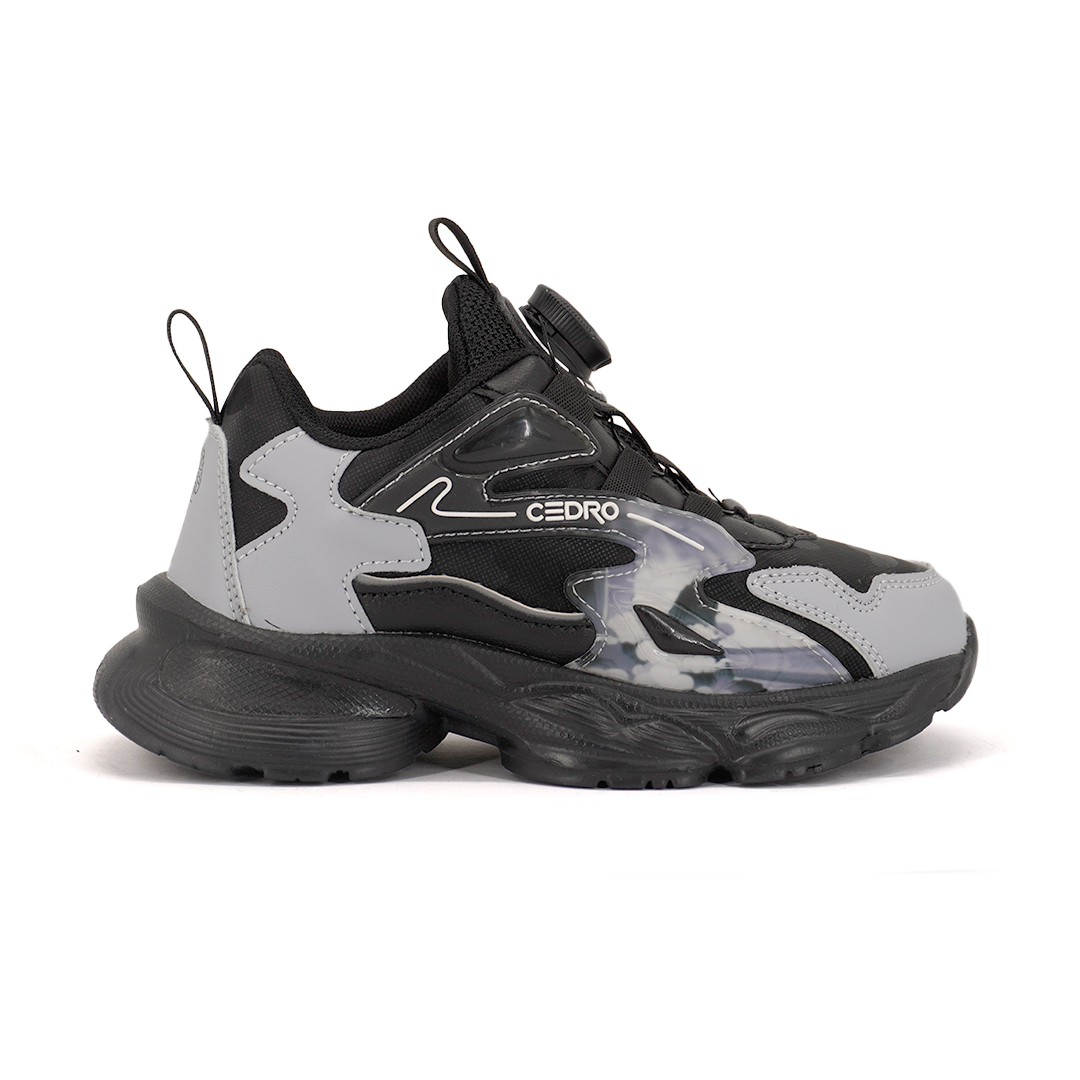 Cedro-Kid's Black & Grey Dial-Fit Sport Sneaker