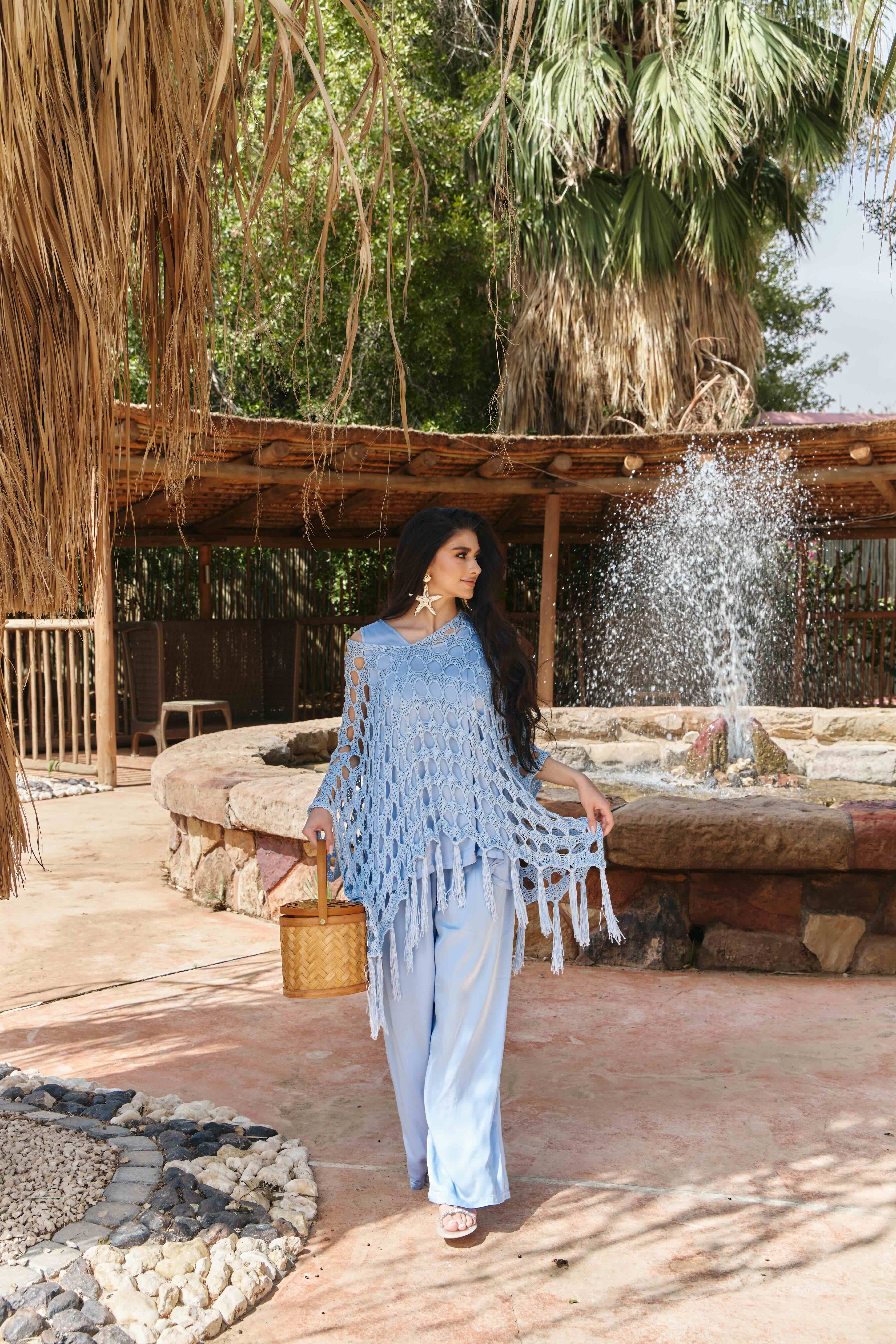Fringe Knit Over Pants Set - Light Blue