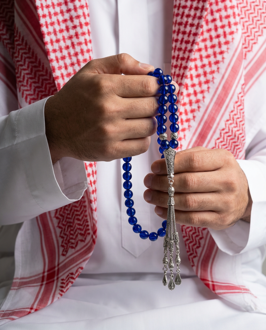 سبحة من حجر العقيق الطبيعي  ،   بلون ازرق زجاجي يميل للشفاف  بفواصل معدنية بلون فضي 