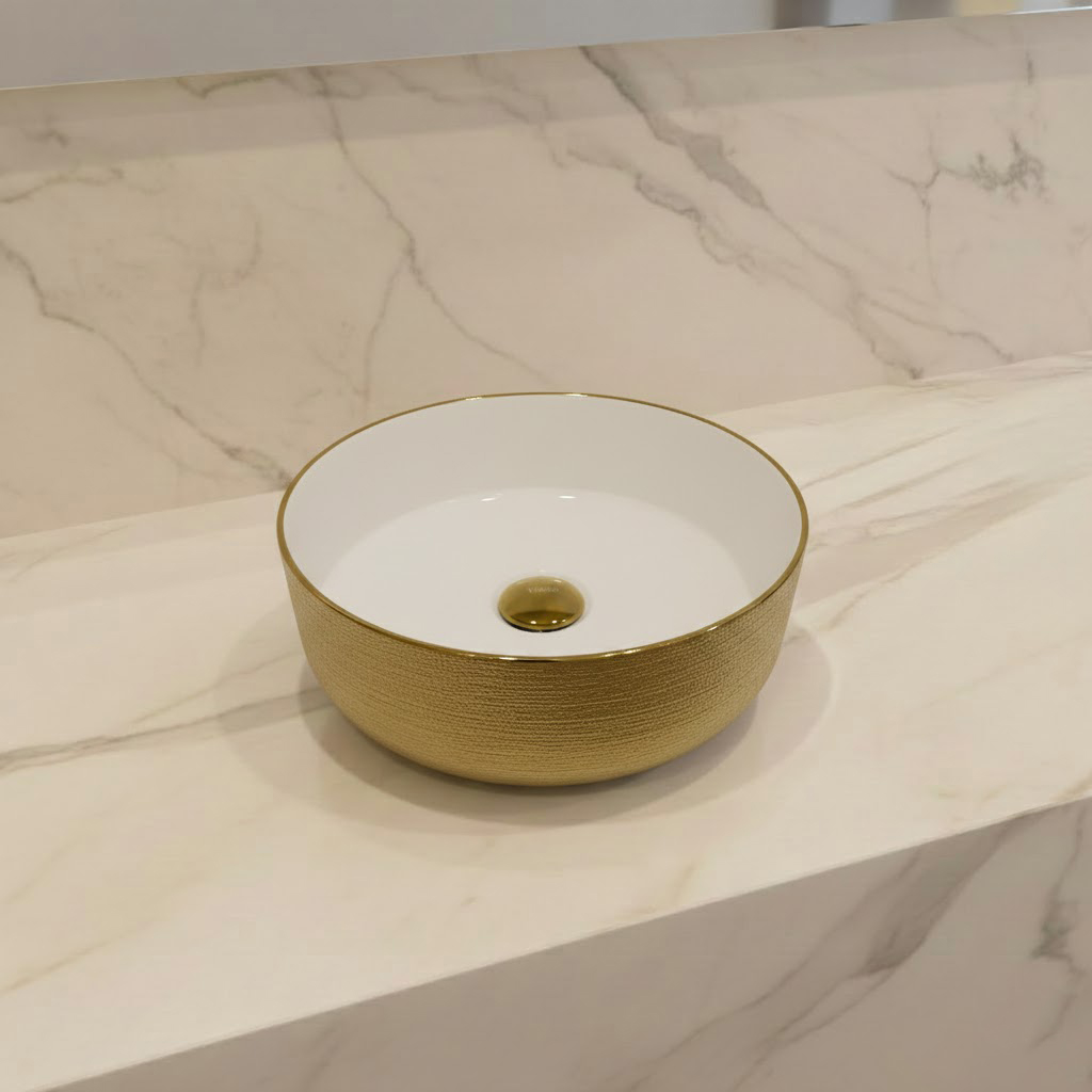  حوض مغسلة خارجي دائري هراب ابيض ذهبي مقاس 36X36 cm  فيركو  VERCO  