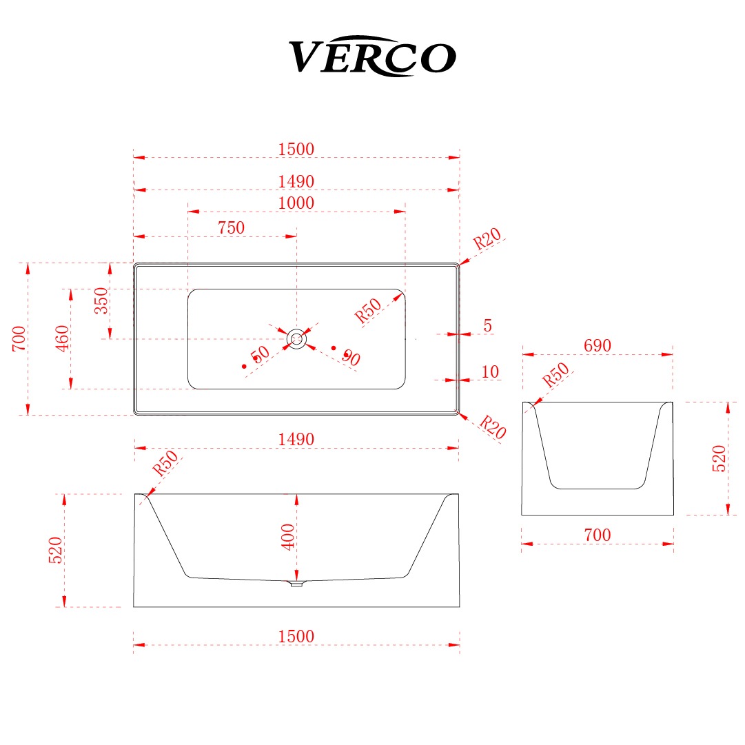  مغطس / بانيو ديكور ابيض فيركو مقاس  VERCO 150X70 cm 