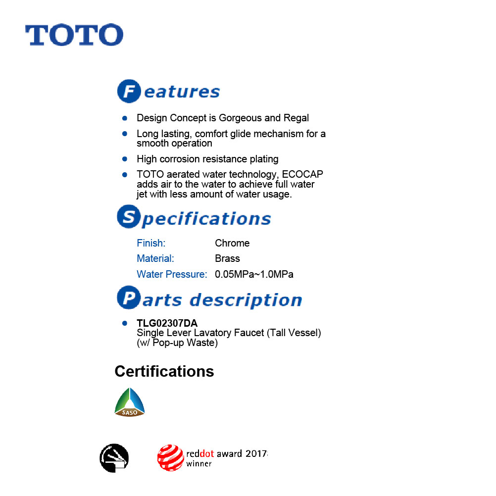  TOTO TLG02307D   خلاط مغسلة طويل كروم 