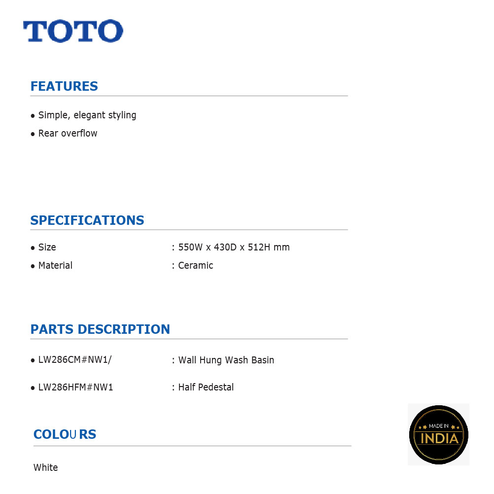  TOTO LW286CM#   مغسلة سيراميك معلق ابيض 