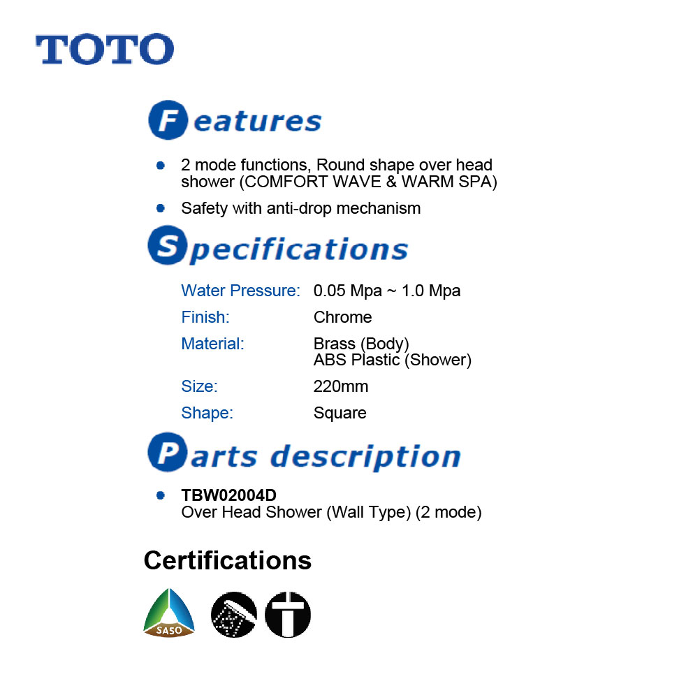  TOTO TBW02004D  طاسة دش مربع مع عمود جداري ابيض كروم 
