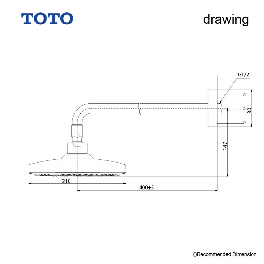  TOTO TBW02004D  طاسة دش مربع مع عمود جداري ابيض كروم 