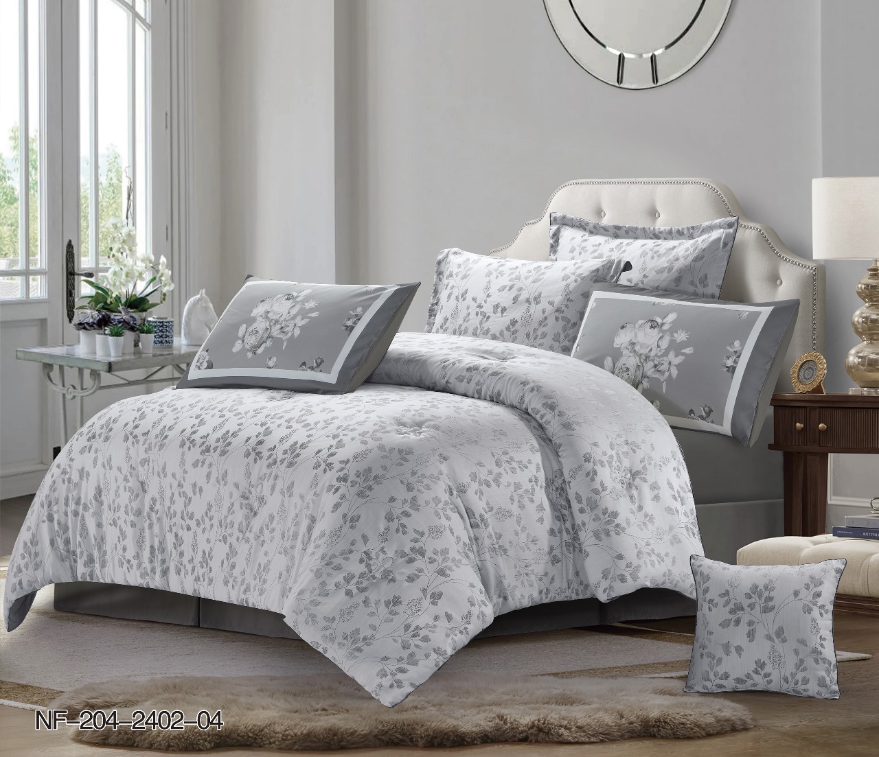 Floral Patterned white grey silver double bed set
