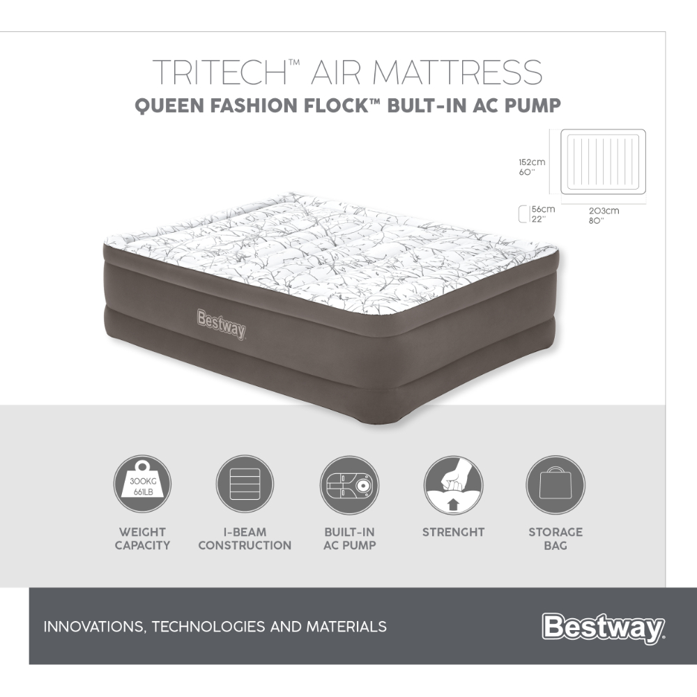  Bestway 2.03m x 1.52m x 56cm Tritech Fashion Flock Air Mattress Queen Built-in AC Pump 