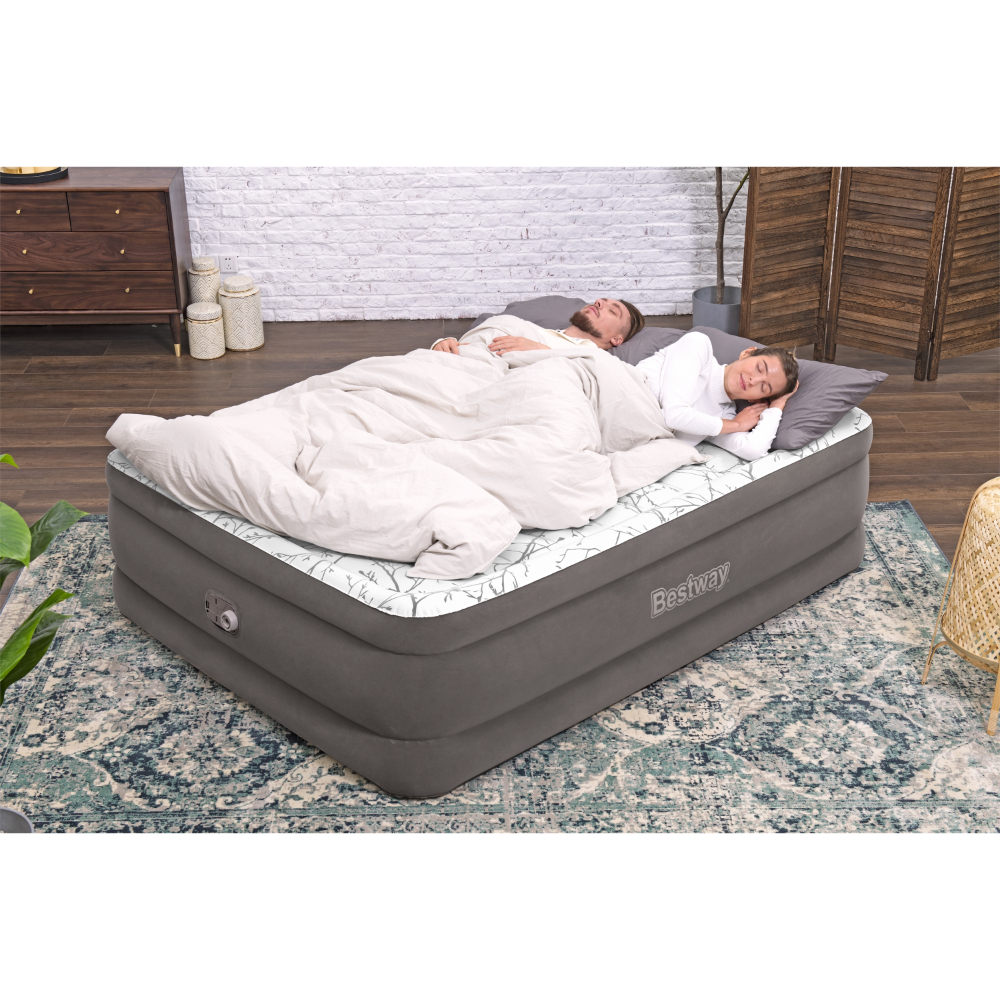  Bestway 2.03m x 1.52m x 56cm Tritech Fashion Flock Air Mattress Queen Built-in AC Pump 
